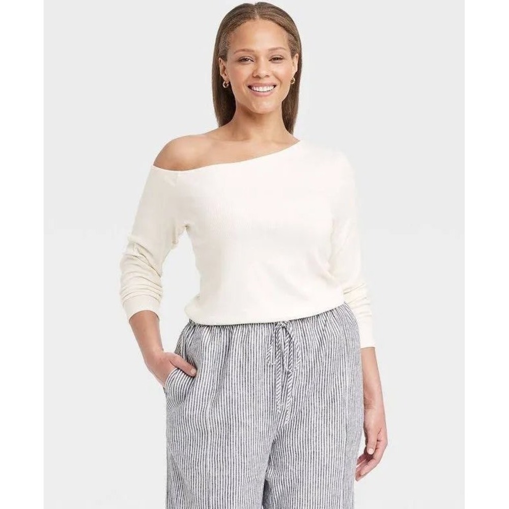 A New Day Off The Shoulder Ribbed Top Women XXL 2xl Cream Long Sleeve